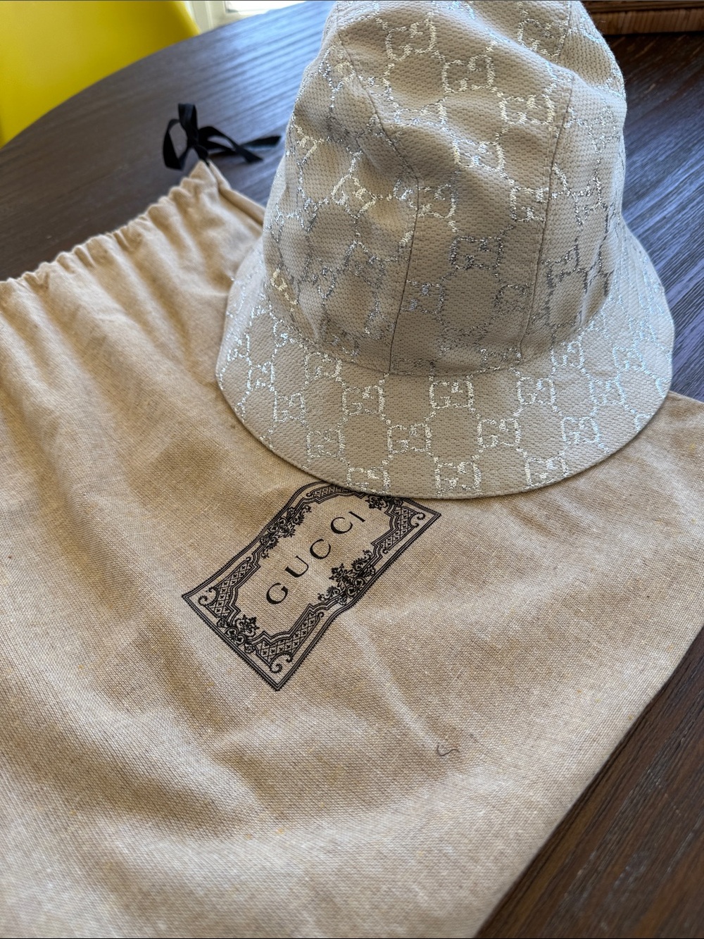 Gucci Beige Monogram Bucket Hat with White GG Overlay